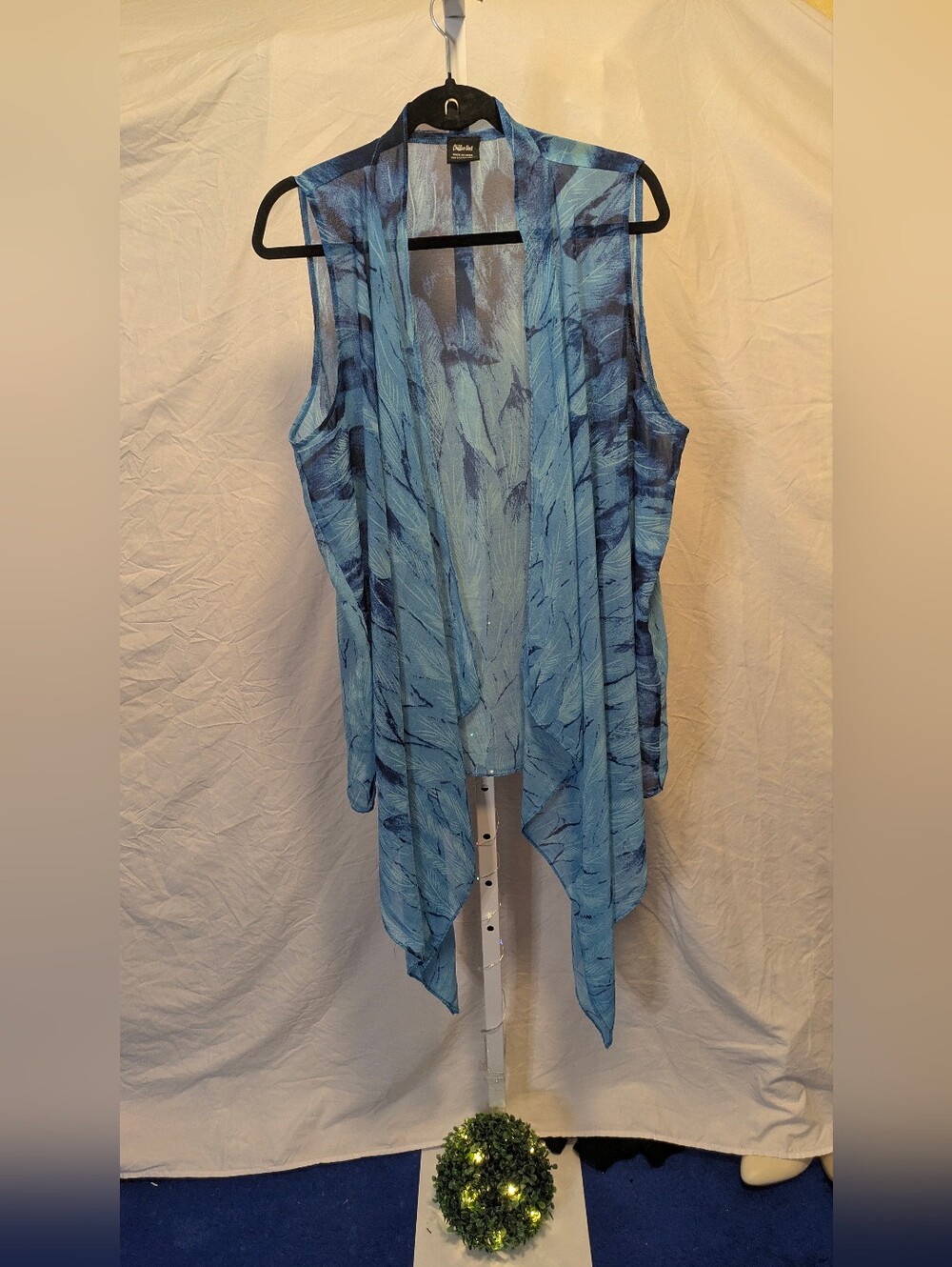 Blue Abstract Feather Print Chiffon Vest Sheer Waterfall Cardigan OS